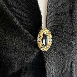 Vintage 50s Gold Filigree Scarf Clip Black Onyx Faux Pearl Crescent Moon